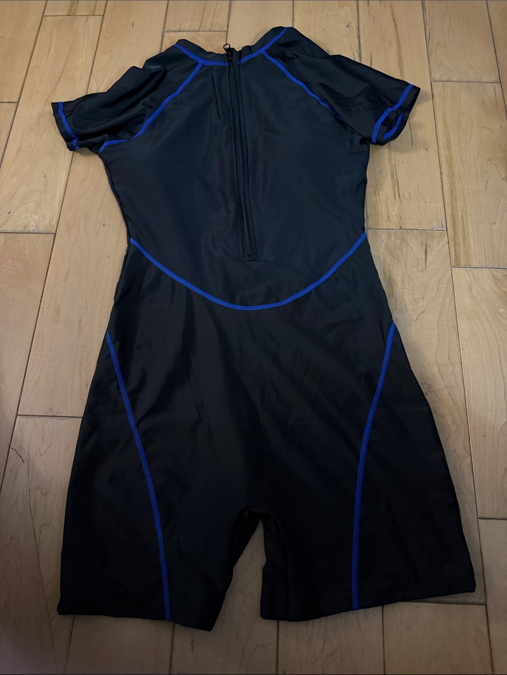 Women’s Black Short-Sleeve Swim One-Piece with Blue Piping